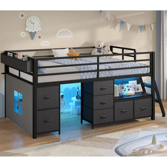 LISM Low Loft Bed With Storage Drawers Bookcase LED Lights