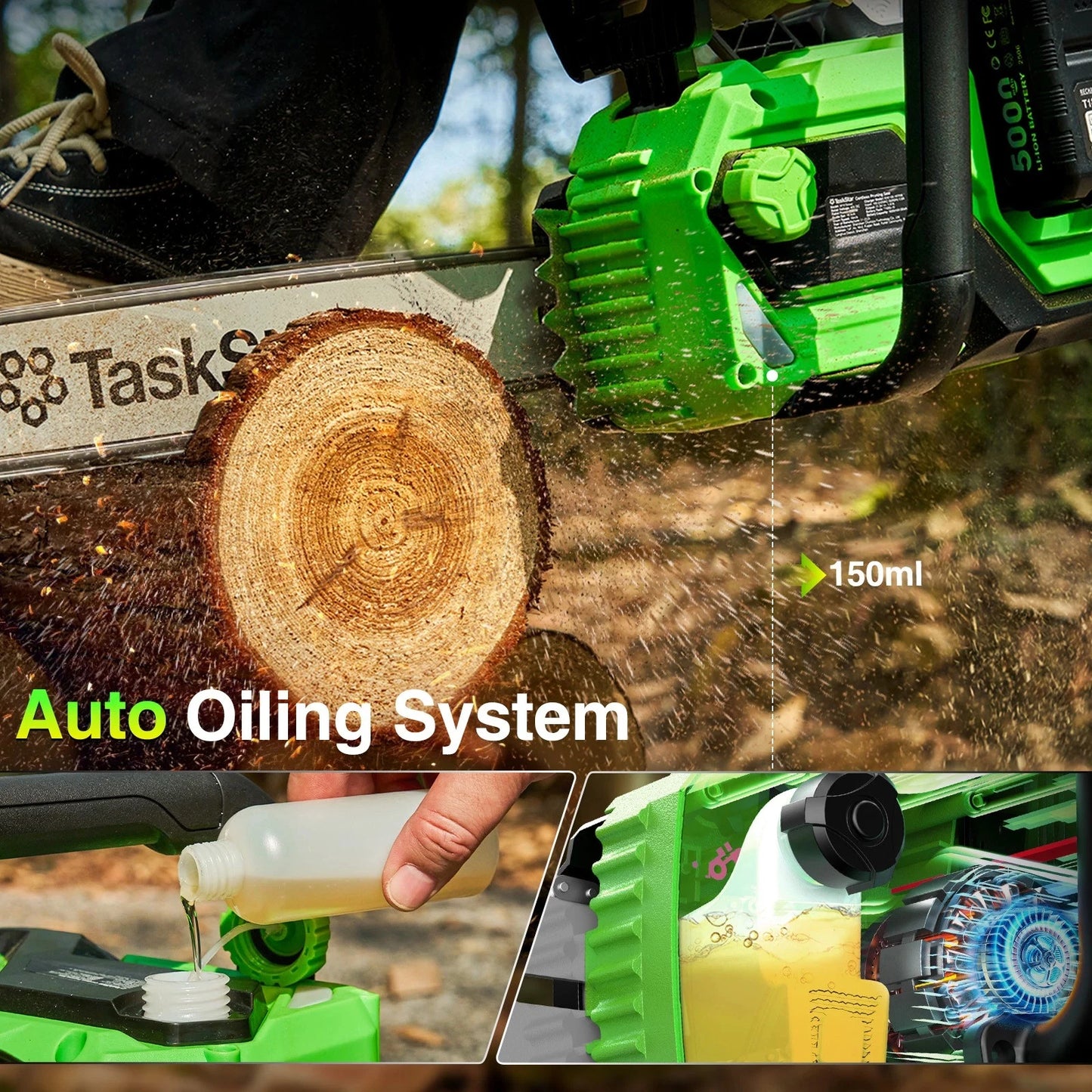 TaskStar 40V 16" Cordless Chainsaw With Auto-Oiler&Tool-Less Chain Tension 2x5.0Ah Batteries Powered Electric Saws For Logging