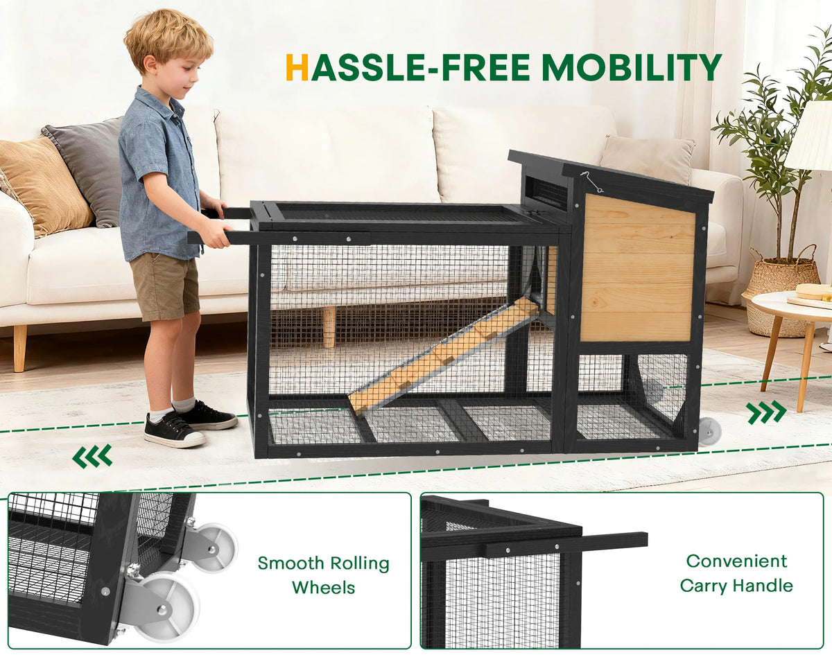Outdoor Wooden Rabbit Hutch With Wheels And Waterproof Roof