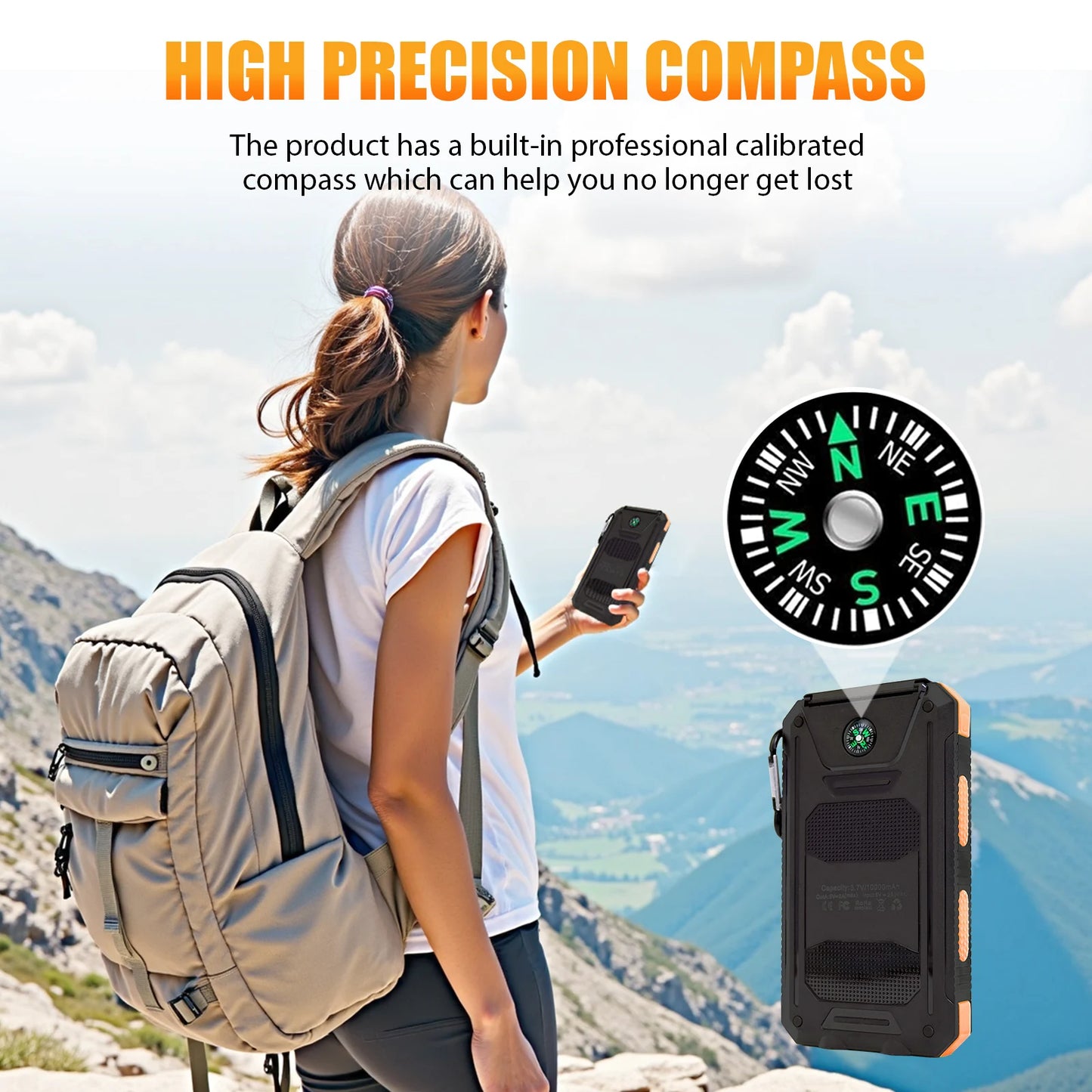 10000mAh Solar Power Bank Waterproof Outdoor Dual USB Ports