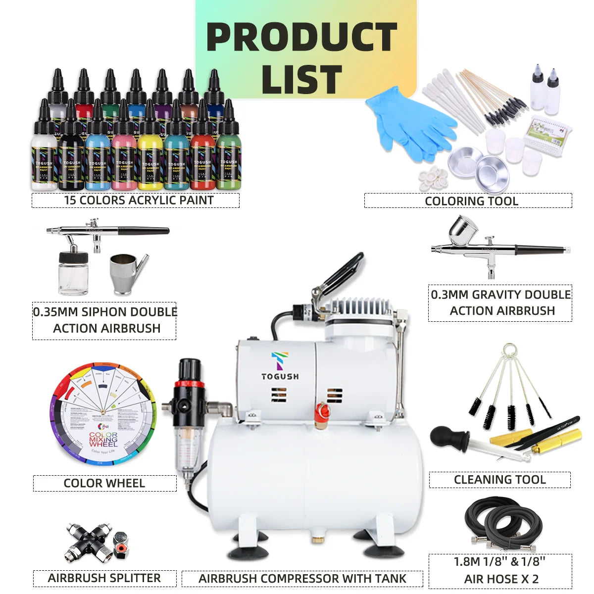 PHR Ophir Airbrush Compressor With 2 Airbrushes 15 Color Set
