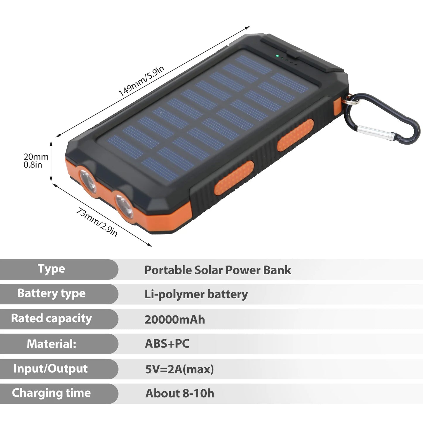 20000mAh Solar Charger Waterproof Power Bank With Dual USB Ports LED Flashlight