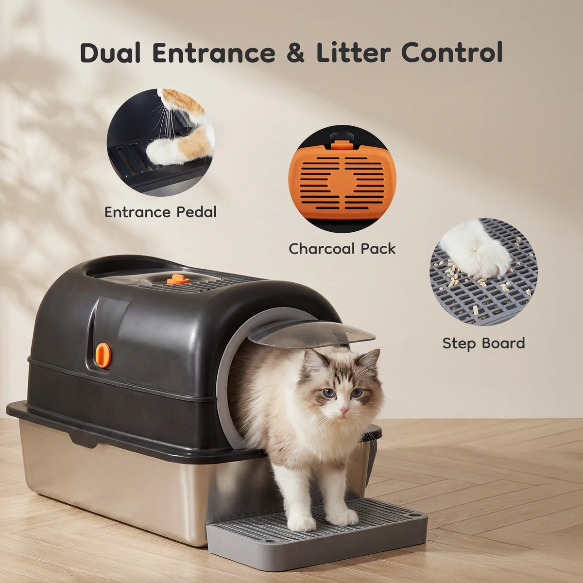 Fully Enclosed Stainless Steel Cat Litter Box With Scoop Mat
