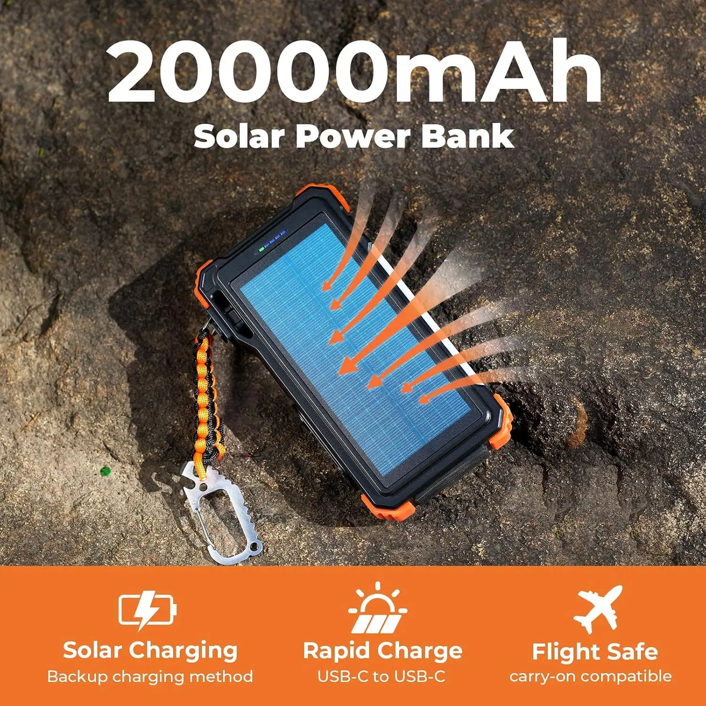 Solar Power Bank 20000mAh With Built In Cables And Wireless Charger Apple Watch