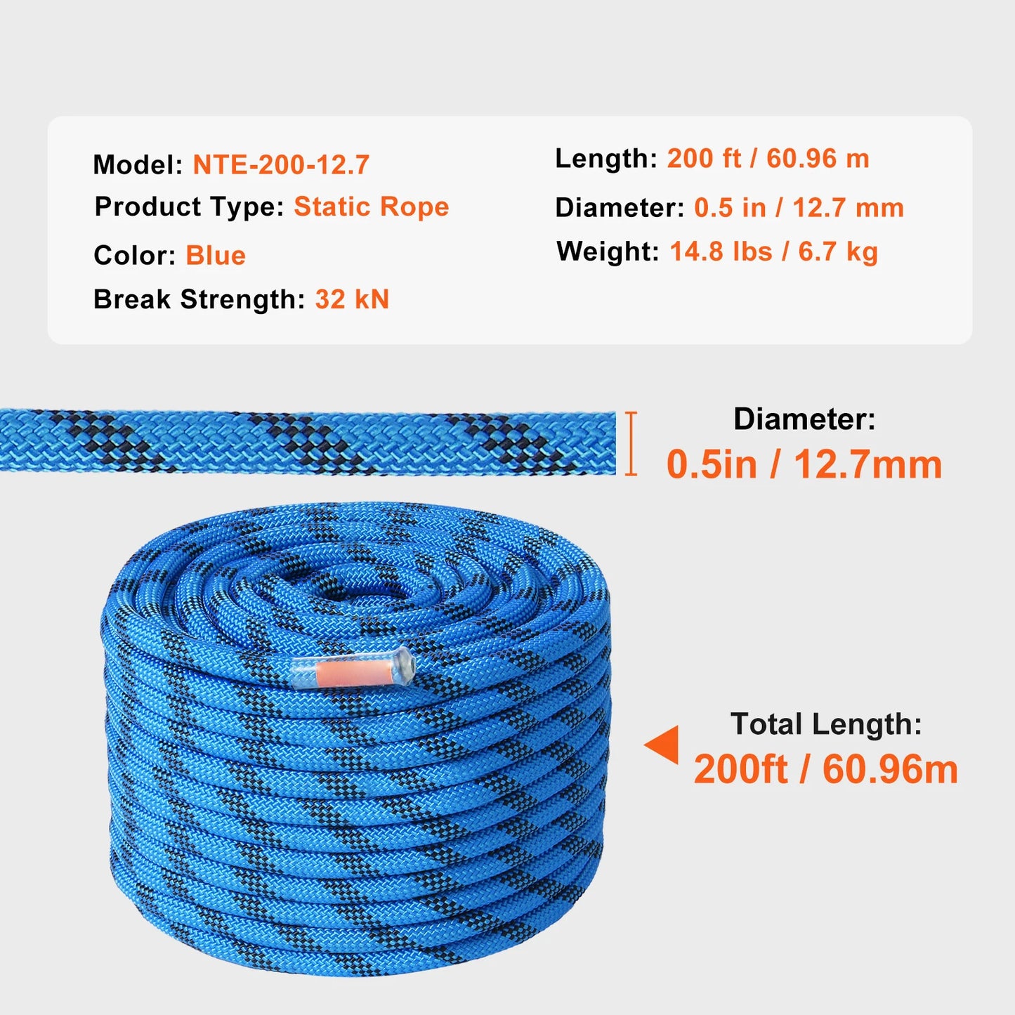 SucceBuy 12.7mm Static Climbing Rope 125-200ft Outdoor Rock Climbing Rope 30KN Breaking Tension Fiber Rope w/ Steel Snap Hook