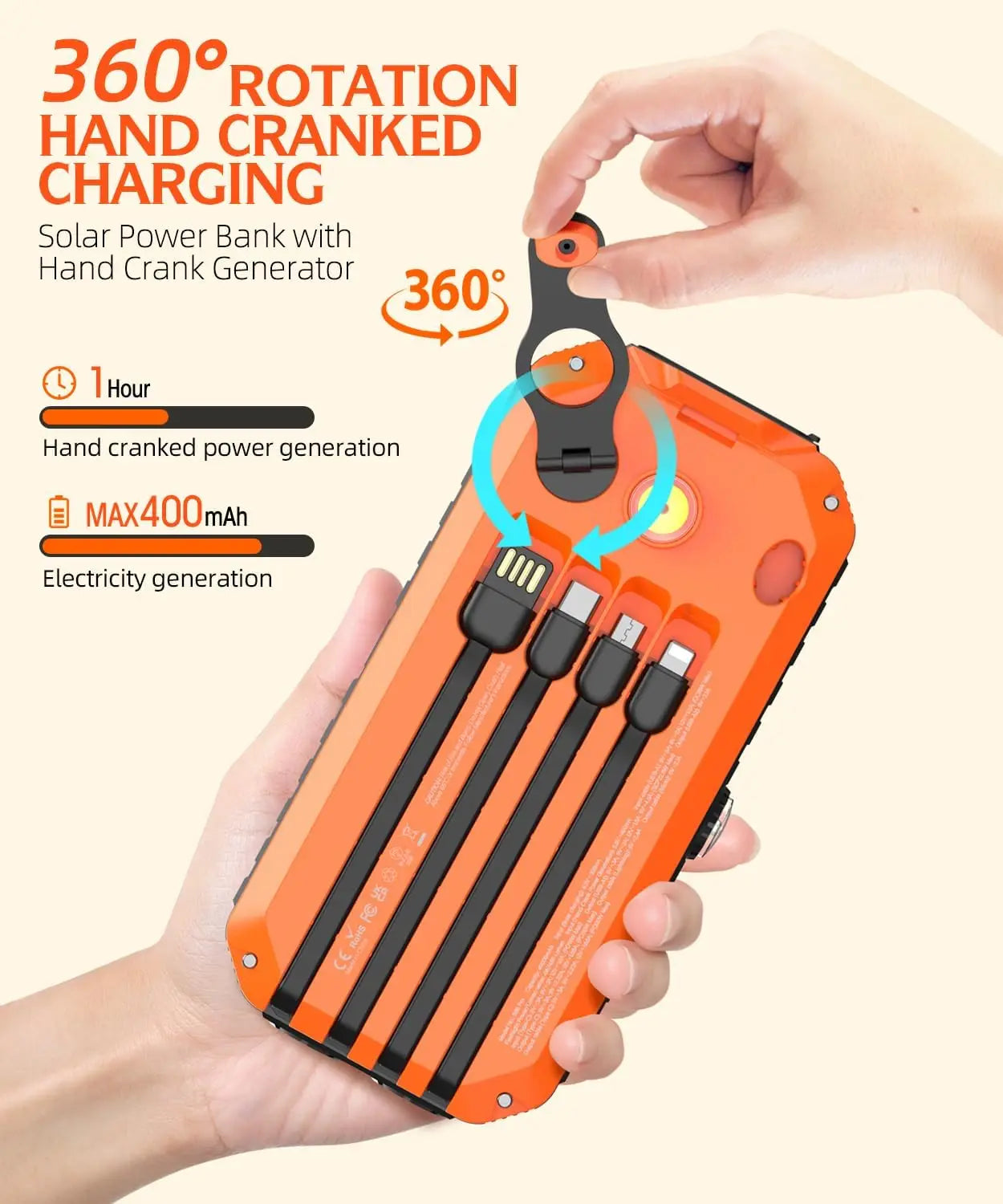 Solar Power Bank 40000mAh With Cables And Hand Crank