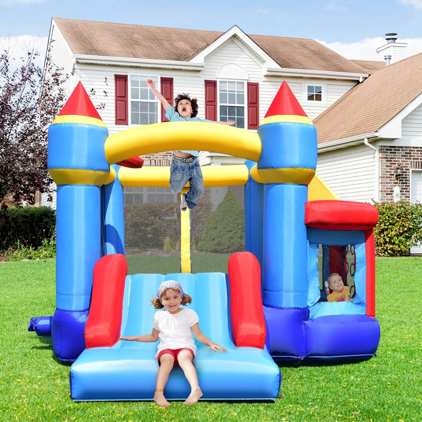 Multigot Inflatable Bounce House Castle With Slide And Basketball Hoop