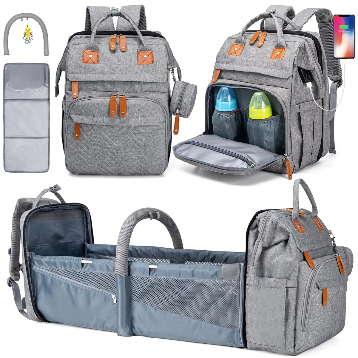 Multifunctional Diaper Backpack With Changing Bed And Insulated Bottle Pocket