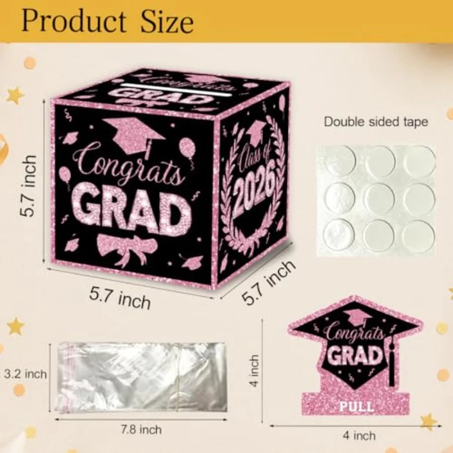 2026 Graduation Money Gifts Pull Box for Cash, Black and Pink Class of 2026 Graduation Money Holder for Grad Party