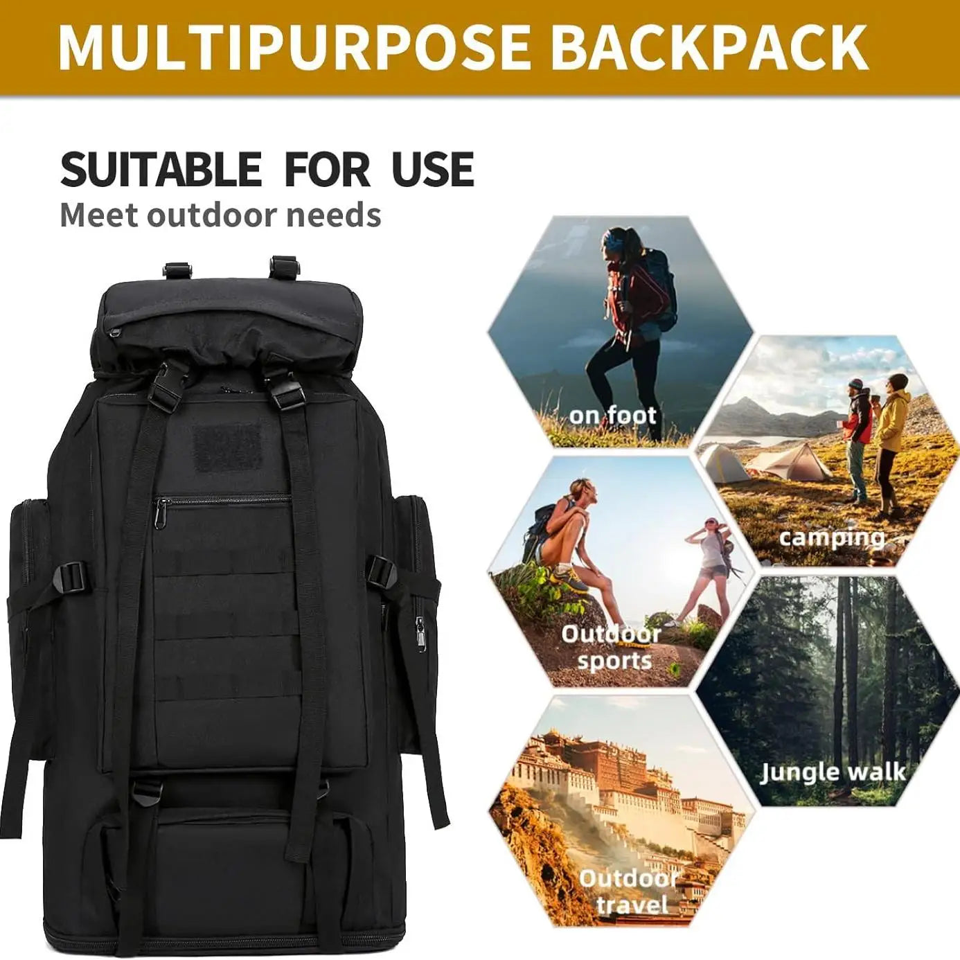 1pc 90L Hiking Daypack Backpack Expandable Waterproof Rucksack for Men Camping Outdoor Sport Traveling Large Capacity Sport