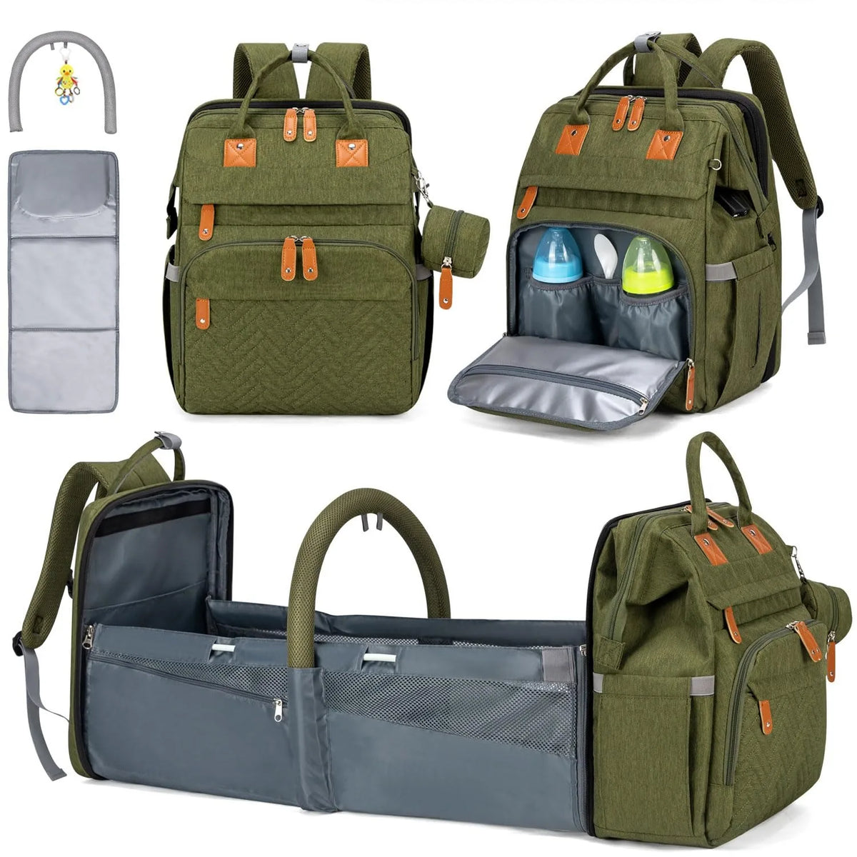 Multifunctional Diaper Backpack With Changing Bed And Insulated Bottle Pocket