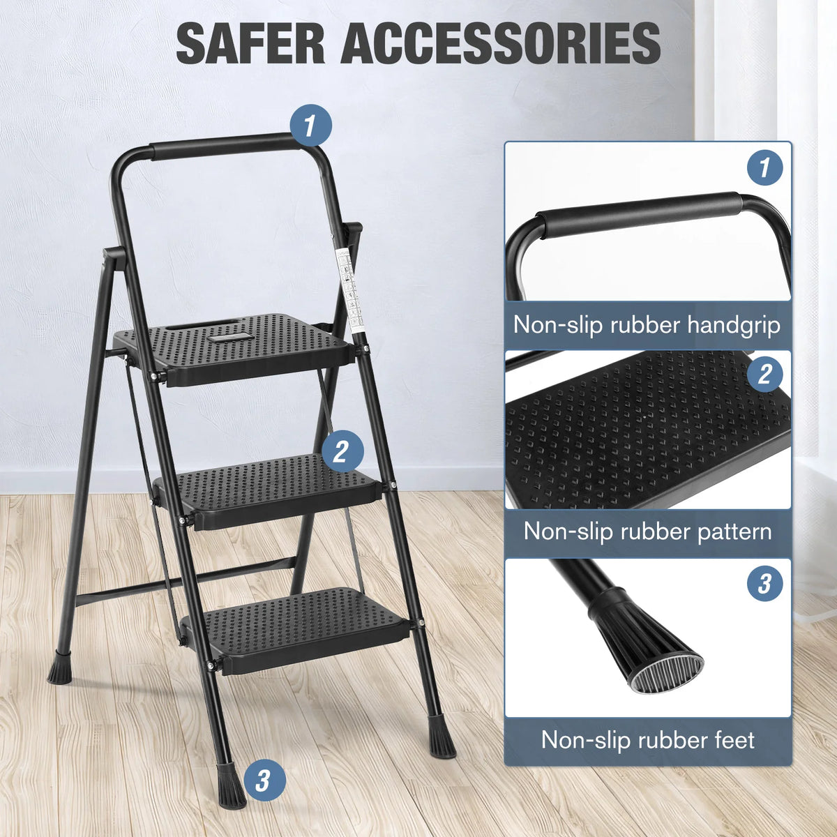 JHK Folding Steel Step Ladder Stool With Comfort Grip Handle