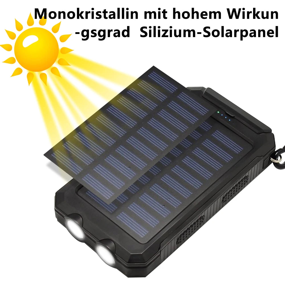Portable 20000mAh Solar Power Bank IP67 Waterproof Dual USB Flashlight