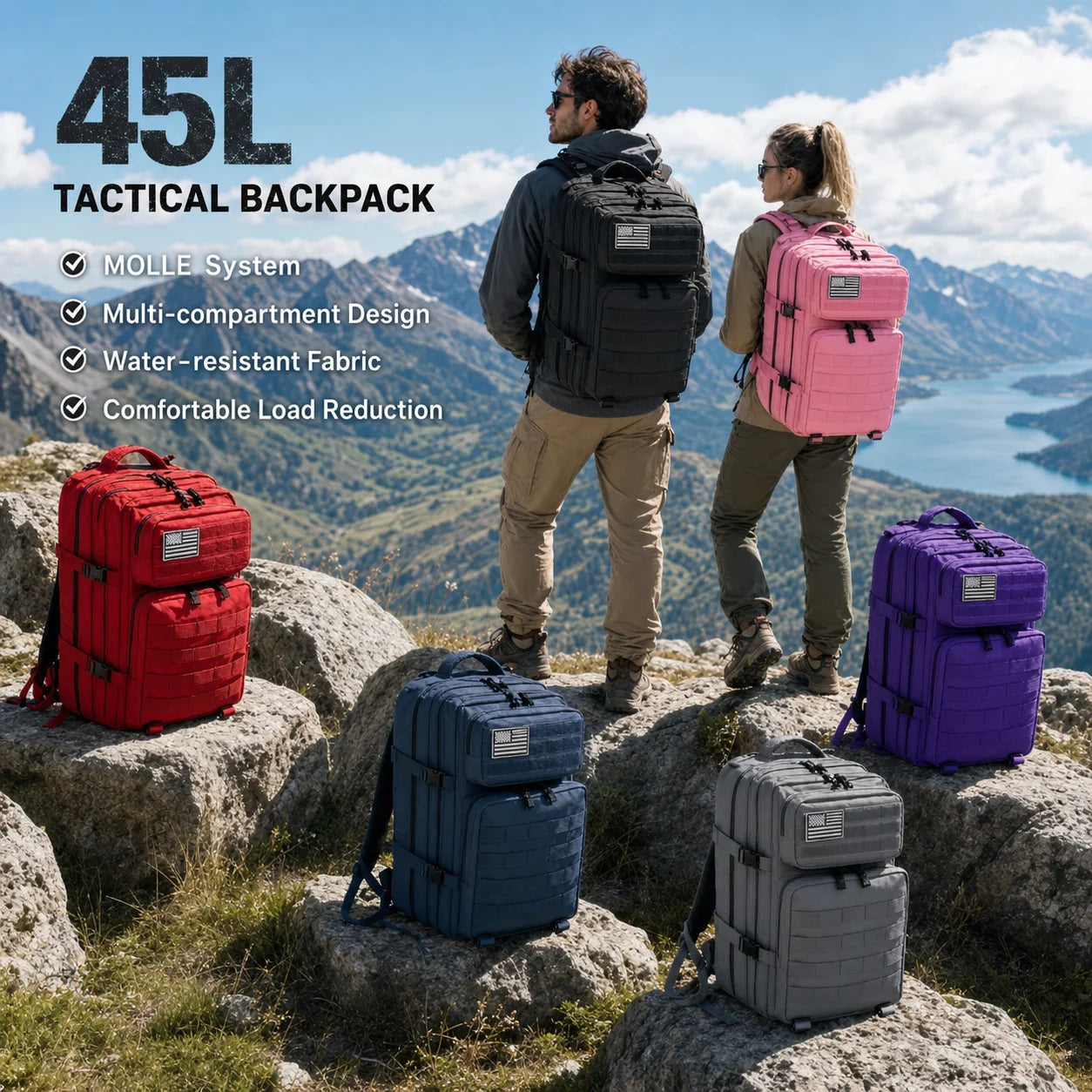 45L Tactical Travel Backpack Molle Storage Bag Large Capacity Multi Pocket Wear Resistant Camping Hiking Trekking Rucksack Durable Outdoor Mountain Climbing Daypack For Men Women Travellers Bushcraft Wilderness Trip Daily Com