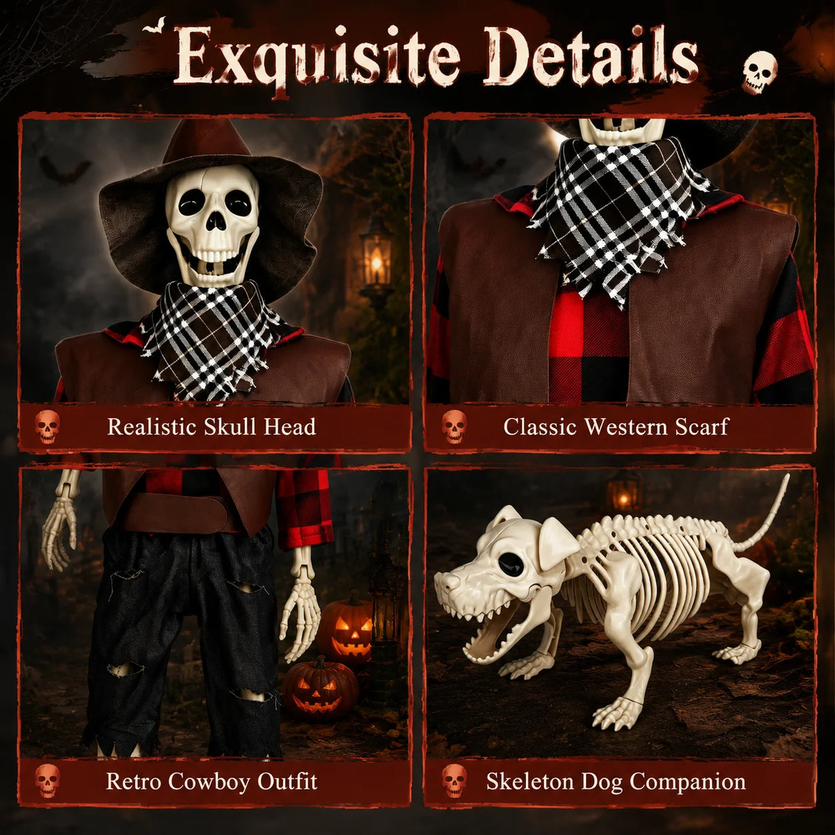 Posable Halloween Cowboy Skeleton With Plastic Dog Yard Decor Set