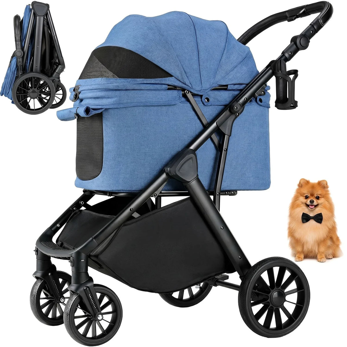 Foldable Pet Stroller For Medium Dogs With Adjustable Sun Shade