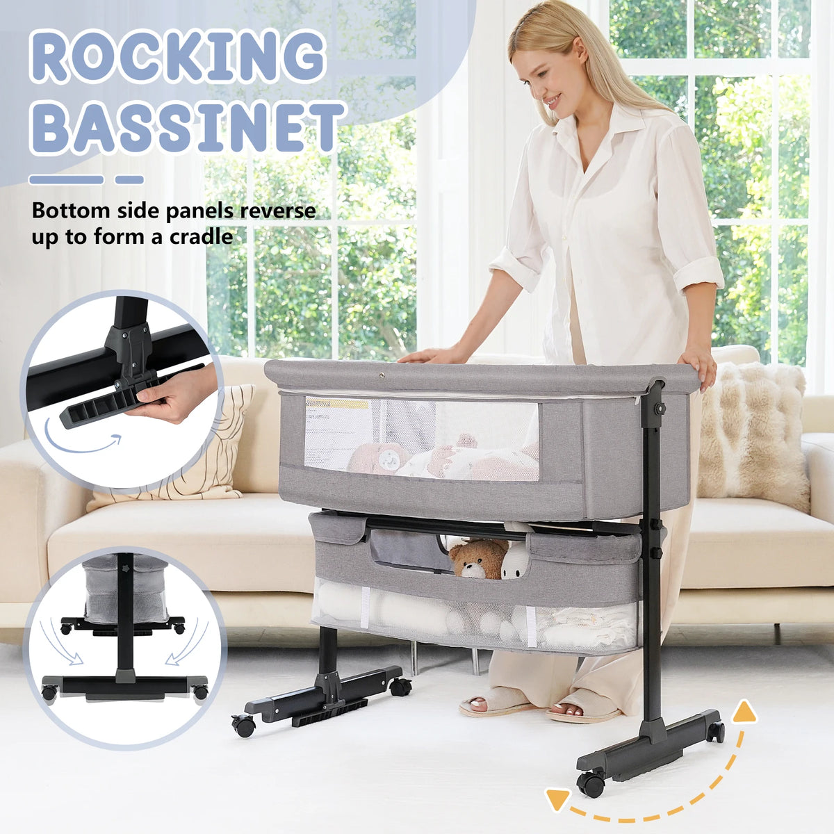 Multifunctional Baby Bedside Bassinet With Adjustable Folding Crib