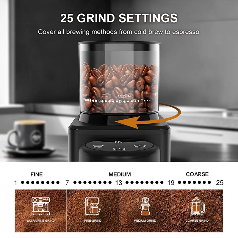 KIRAINAFLY Automatic Conical Burr Coffee Grinder With 25 Grind Settings