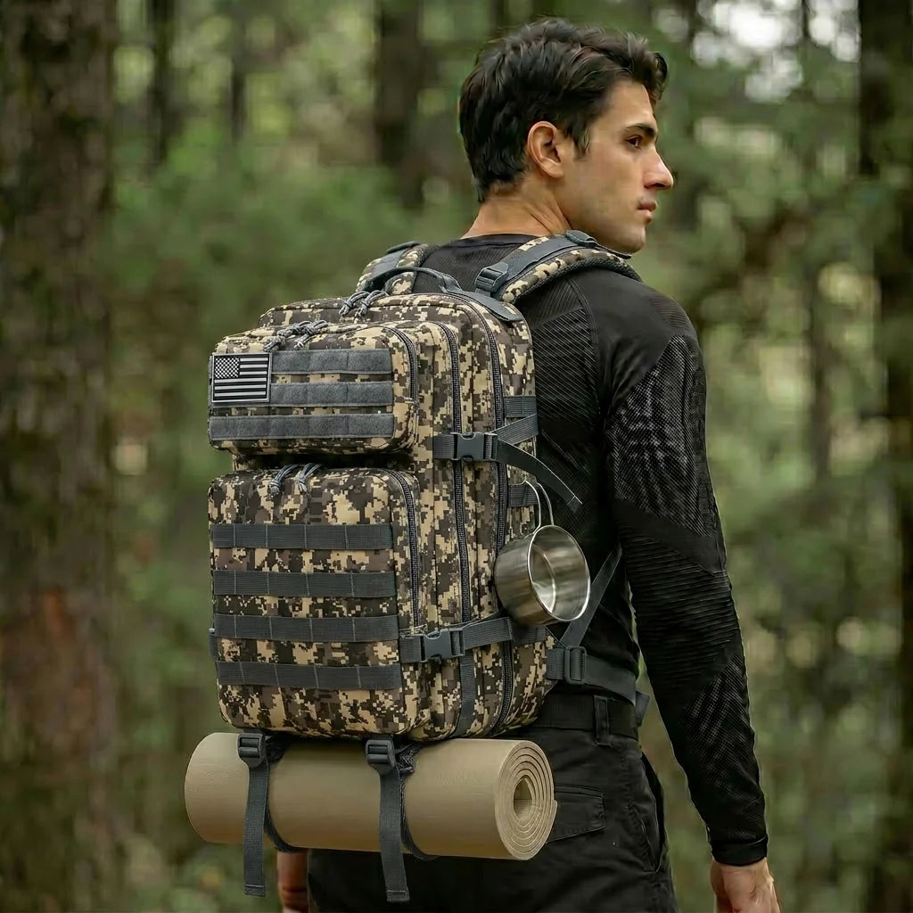 45L Tactical Travel Backpack Molle Storage Bag Large Capacity Multi Pocket Wear Resistant Camping Hiking Trekking Rucksack Durable Outdoor Mountain Climbing Daypack For Men Women Travellers Bushcraft Wilderness Trip Daily Com