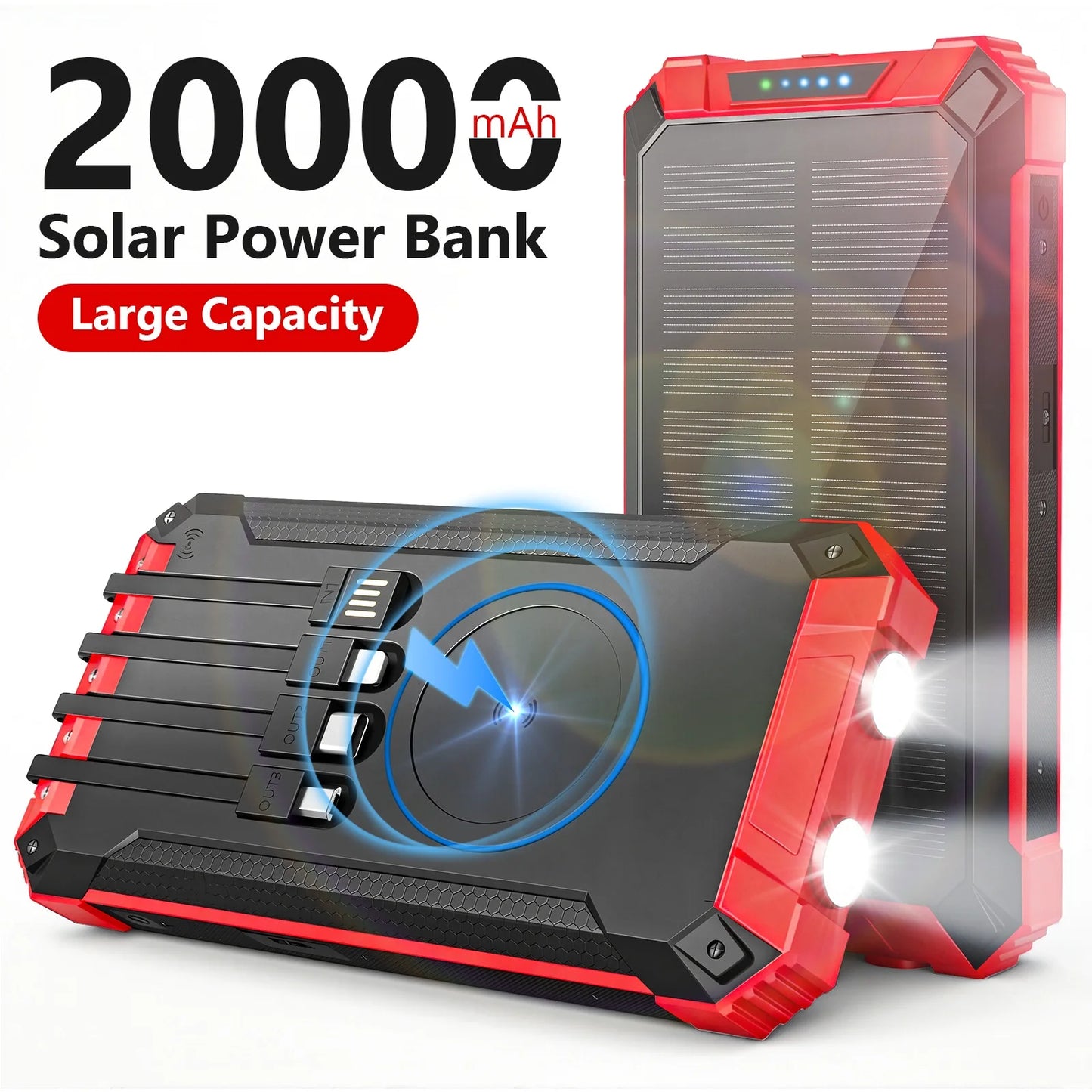 20000mAh Portable Solar Power Bank With Wireless Charging 18W Dual LED Lights