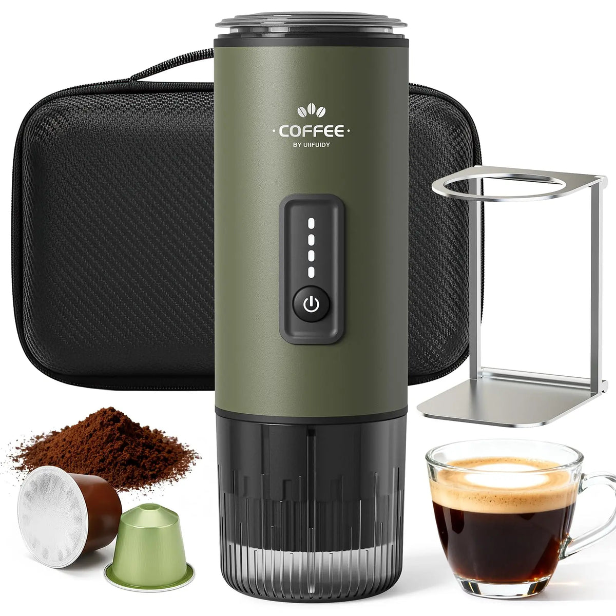 Portable Self Heating Espresso Maker for Coffee Grounds and Pods