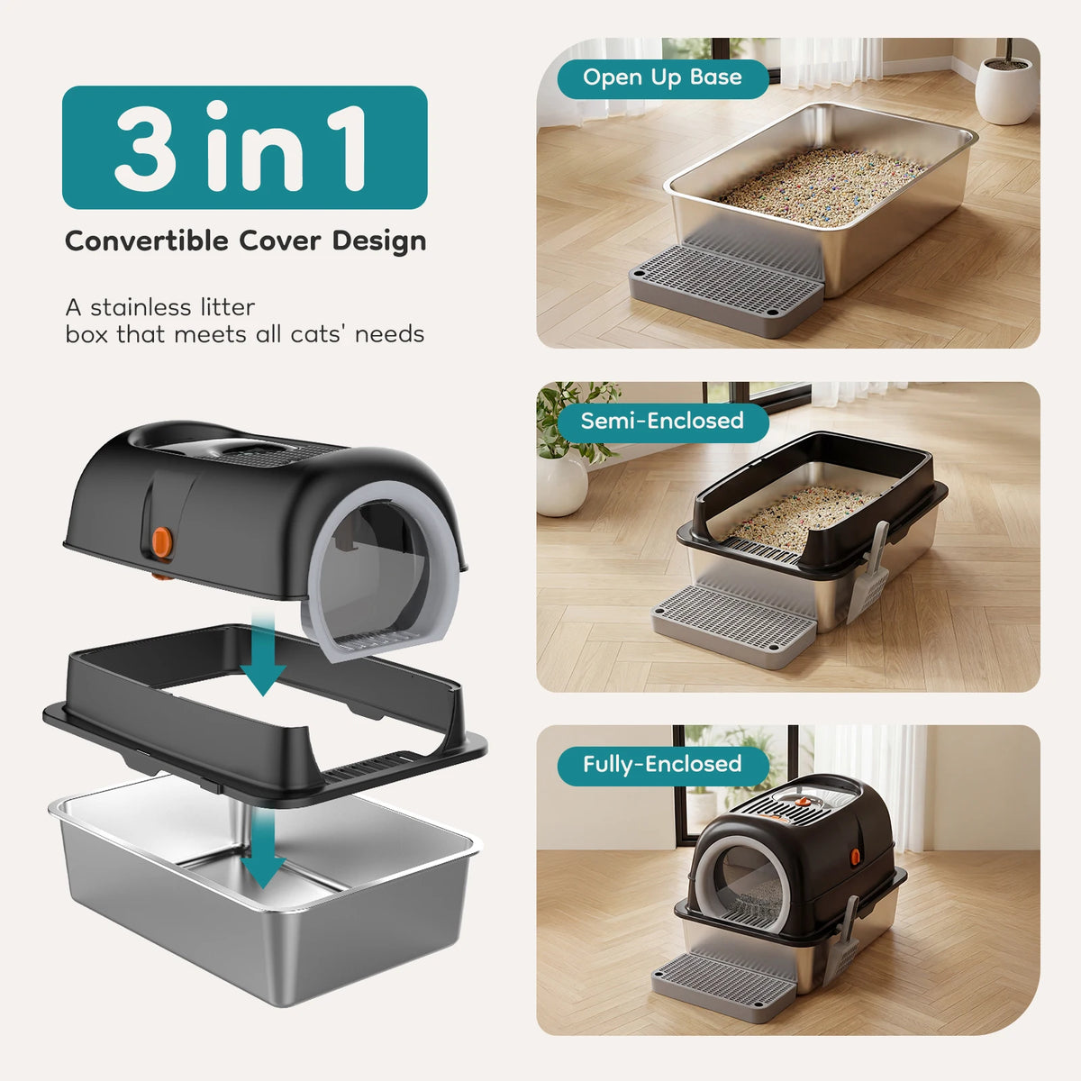 Fully Enclosed Stainless Steel Cat Litter Box With Scoop Mat