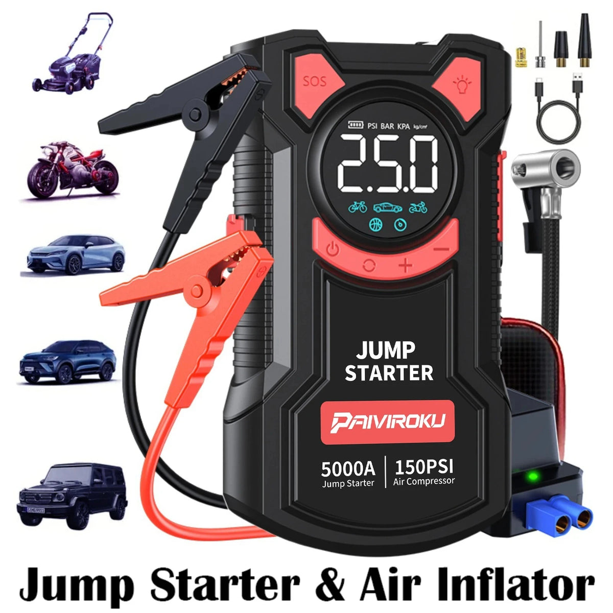 5-in-1 Car Jump Starter Air Compressor Tire Inflator Power Bank