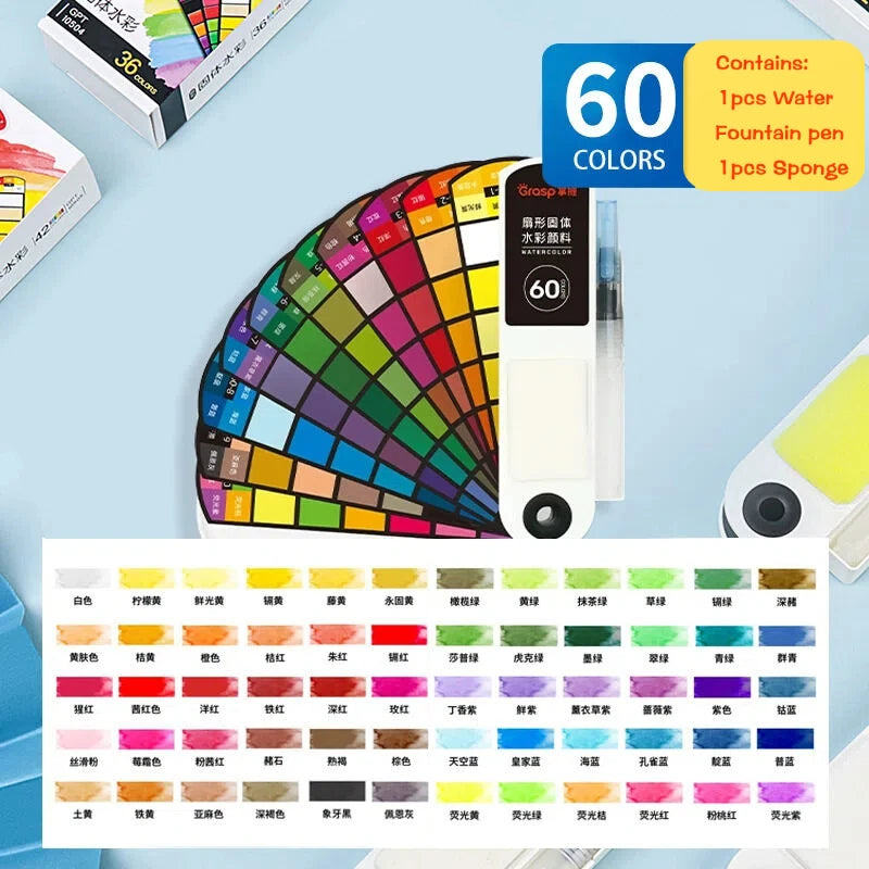 18/24/42/60 Solid Watercolor Pigment Set Foldable Travel WaterColor With Water Brush Pen Art Specific Fan Shaped Painting Tool