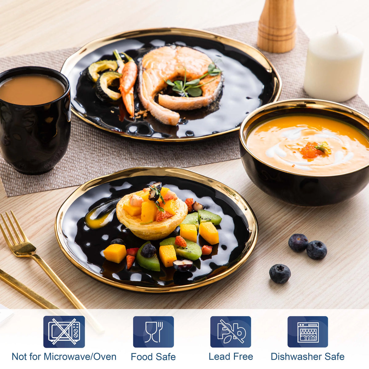 Malacasa Ceramic Dinnerware Set With Gold Trim Design