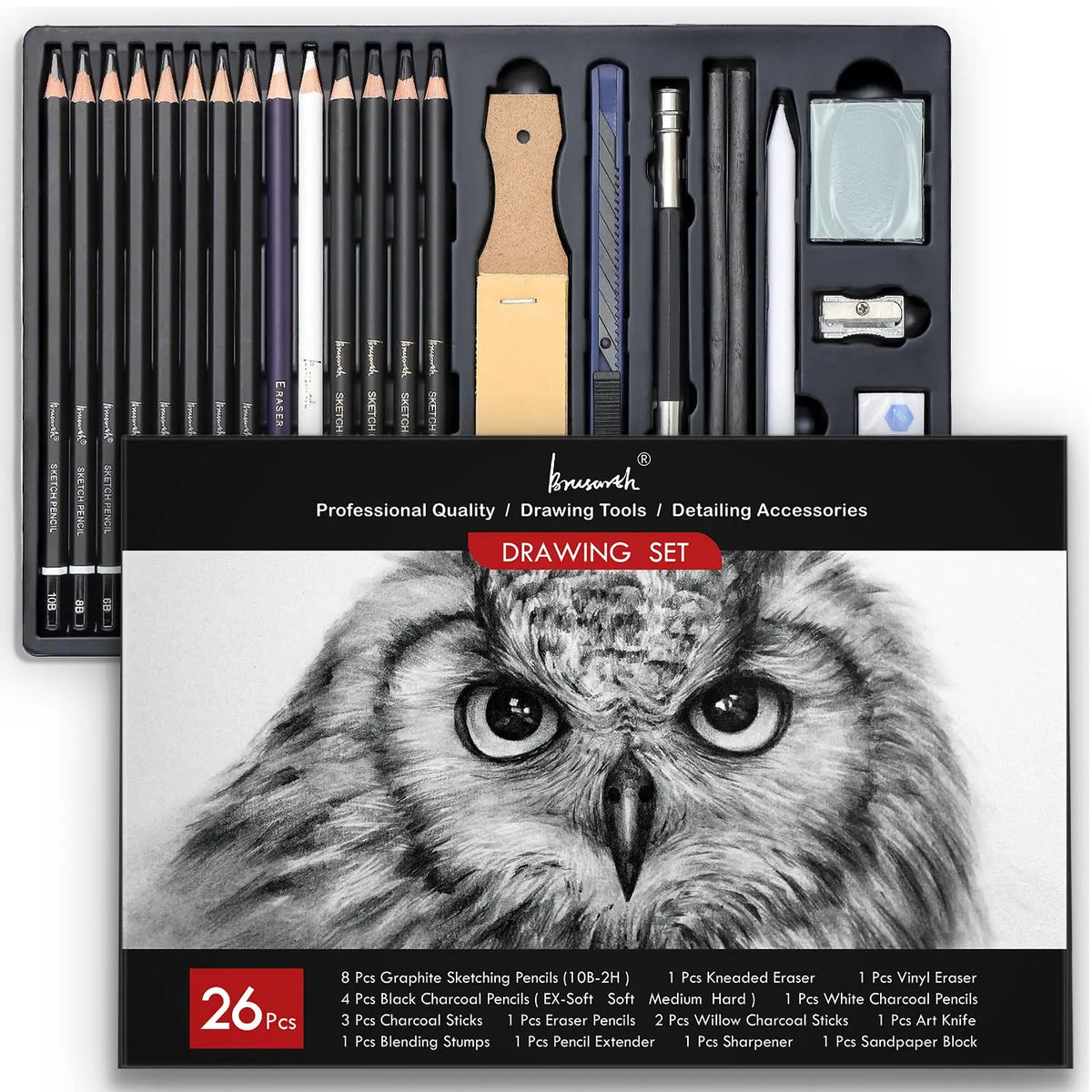Professional Charcoal Pencils 26 Piece Drawing Sketching Set With Blending Tools