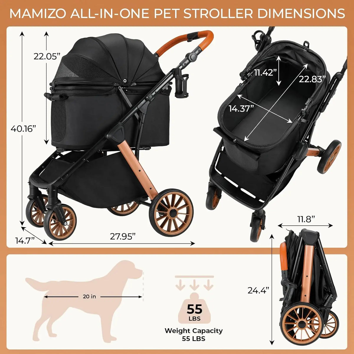 Foldable Pet Stroller For Medium Dogs With Adjustable Sun Shade