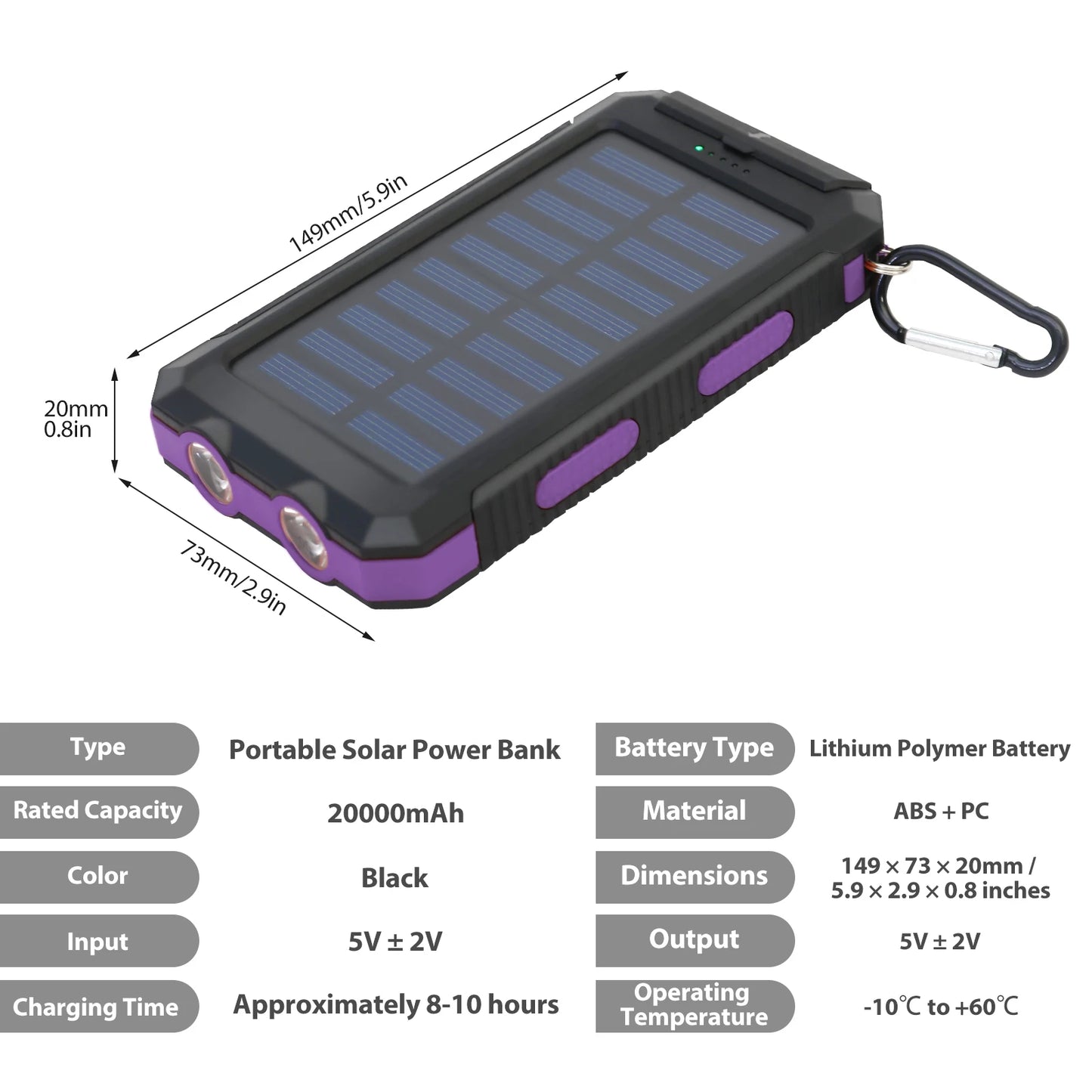 20000mAh Solar Charger Waterproof Power Bank With Dual USB Ports LED Flashlight