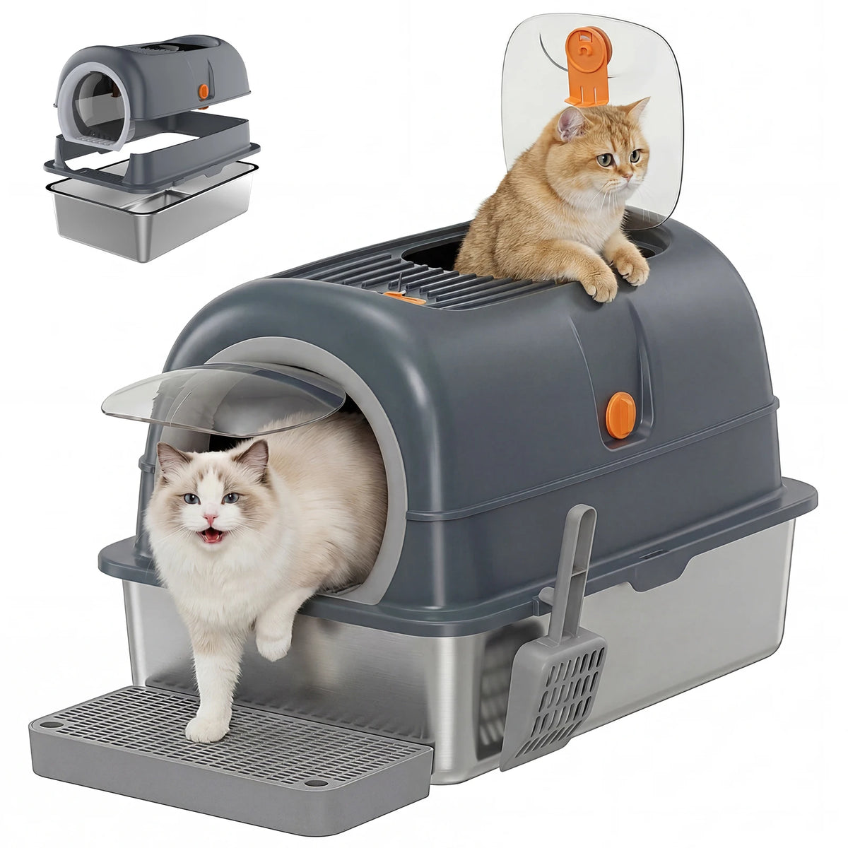 Fully Enclosed Stainless Steel Cat Litter Box With Scoop Mat