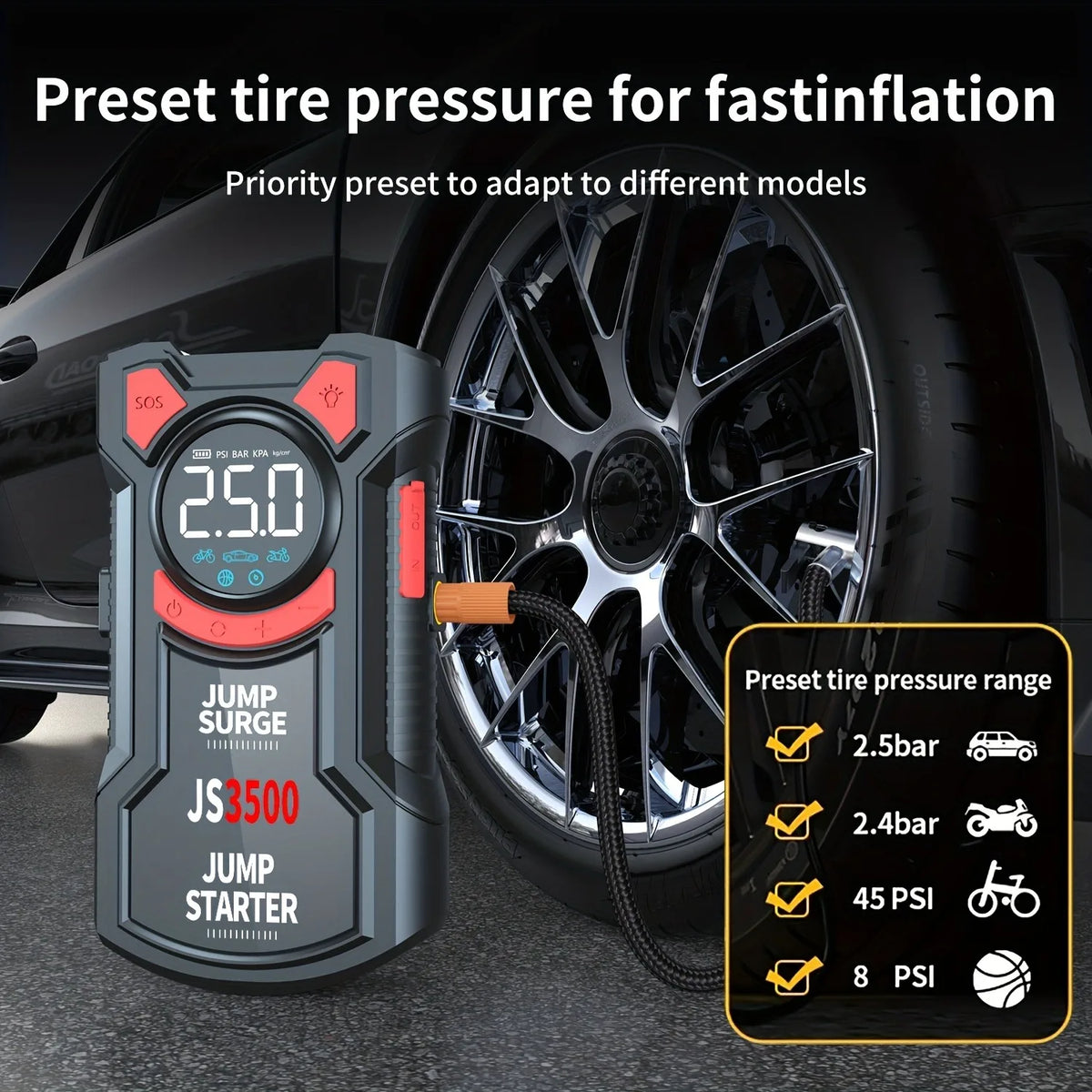 5-in-1 Car Jump Starter Air Compressor Tire Inflator Power Bank
