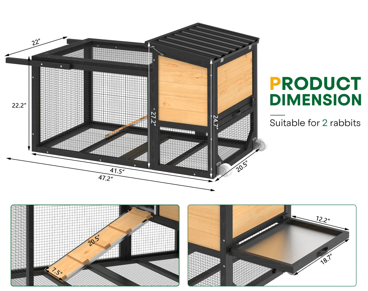 Outdoor Wooden Rabbit Hutch With Wheels And Waterproof Roof