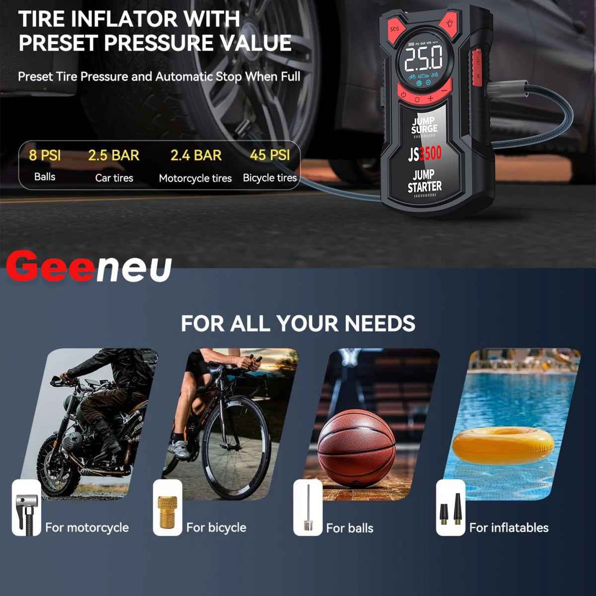 5-in-1 Car Jump Starter Air Compressor Tire Inflator Power Bank