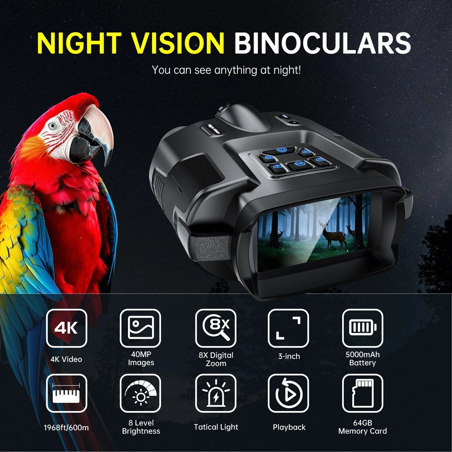 DIYIMIN Night Vision Binoculars 8X Digital Zoom Infrared 4K Goggles