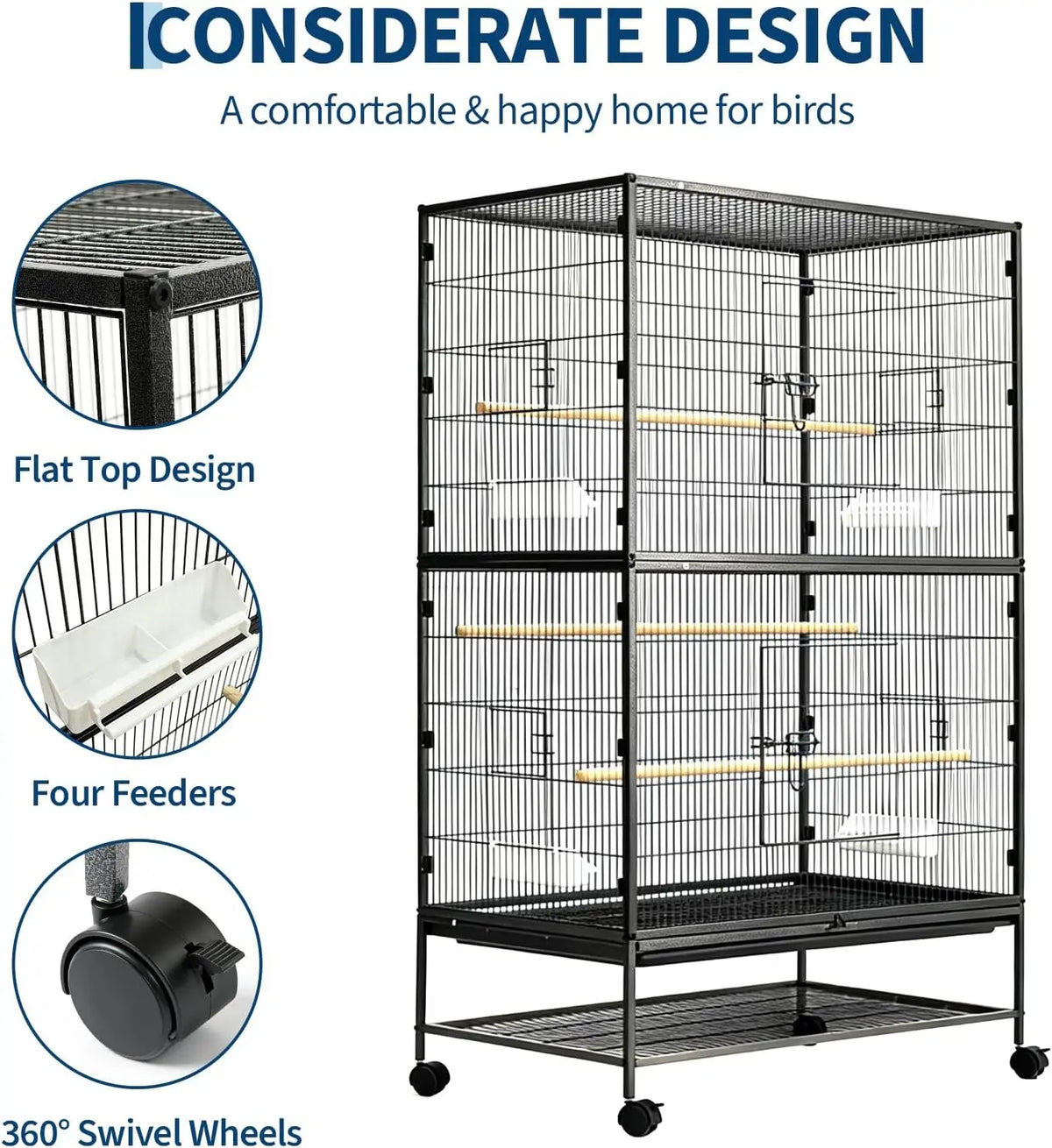 HiMiss Large Bird Cage With Rolling Stands And Feeding Bowls
