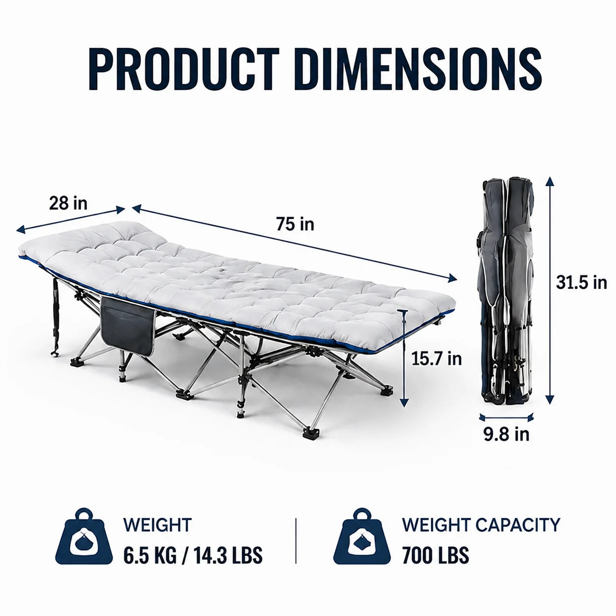 Portable Folding Camping Cot With Thick Mattress And Side Pocket