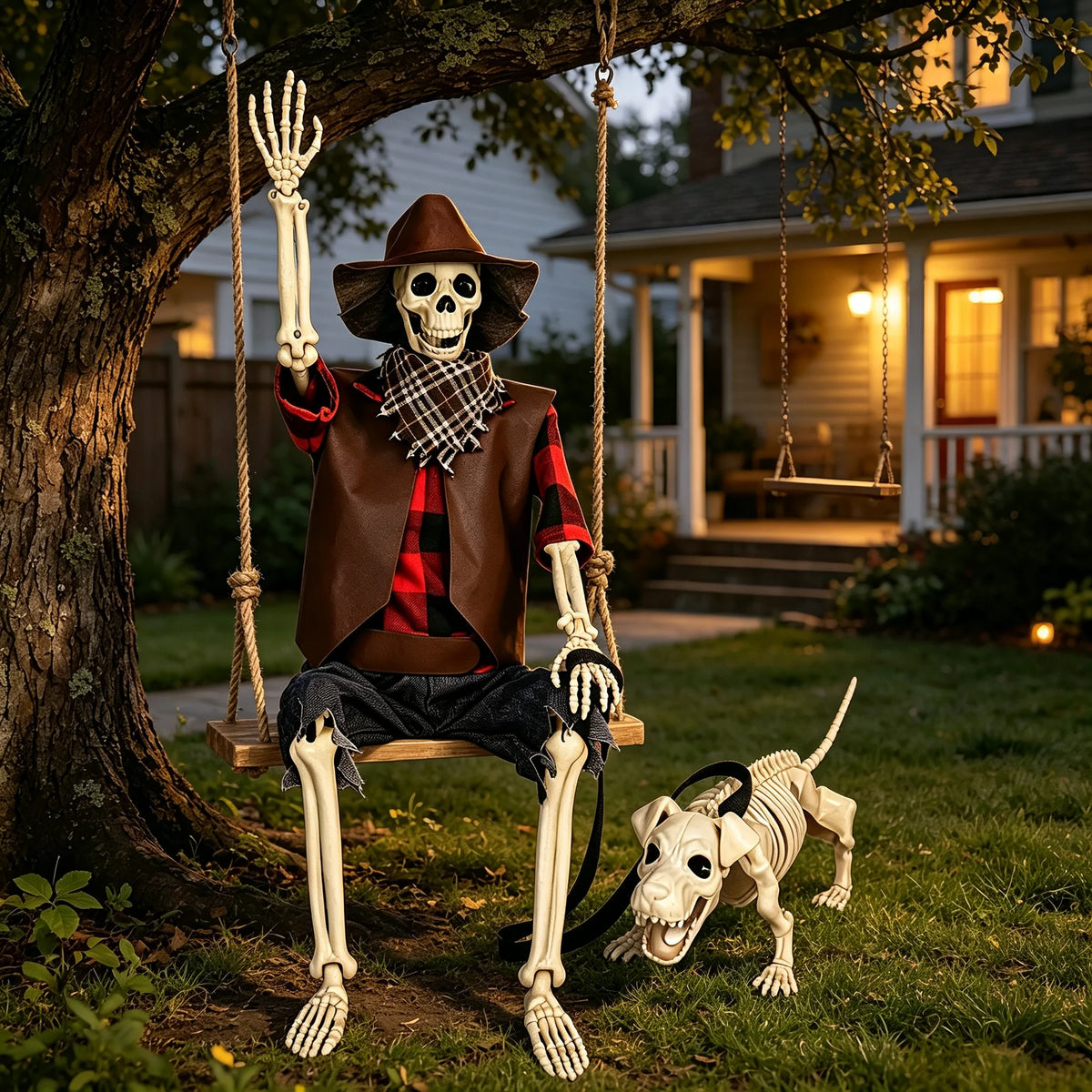 Posable Halloween Cowboy Skeleton With Plastic Dog Yard Decor Set