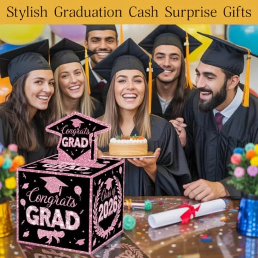 2026 Graduation Money Gifts Pull Box for Cash, Black and Pink Class of 2026 Graduation Money Holder for Grad Party