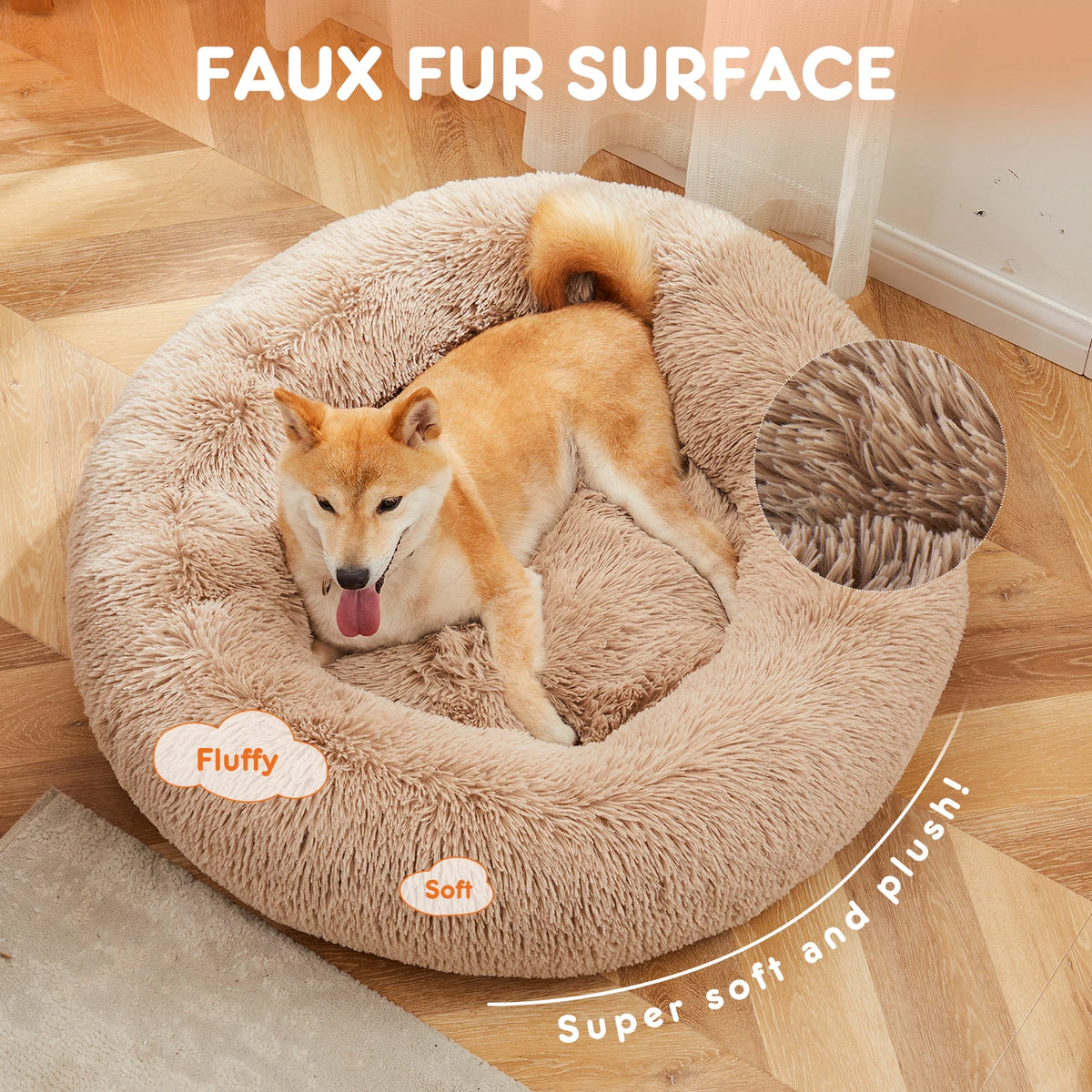 JHK Washable Calming Round Plush Faux Fur Pet Dog Bed