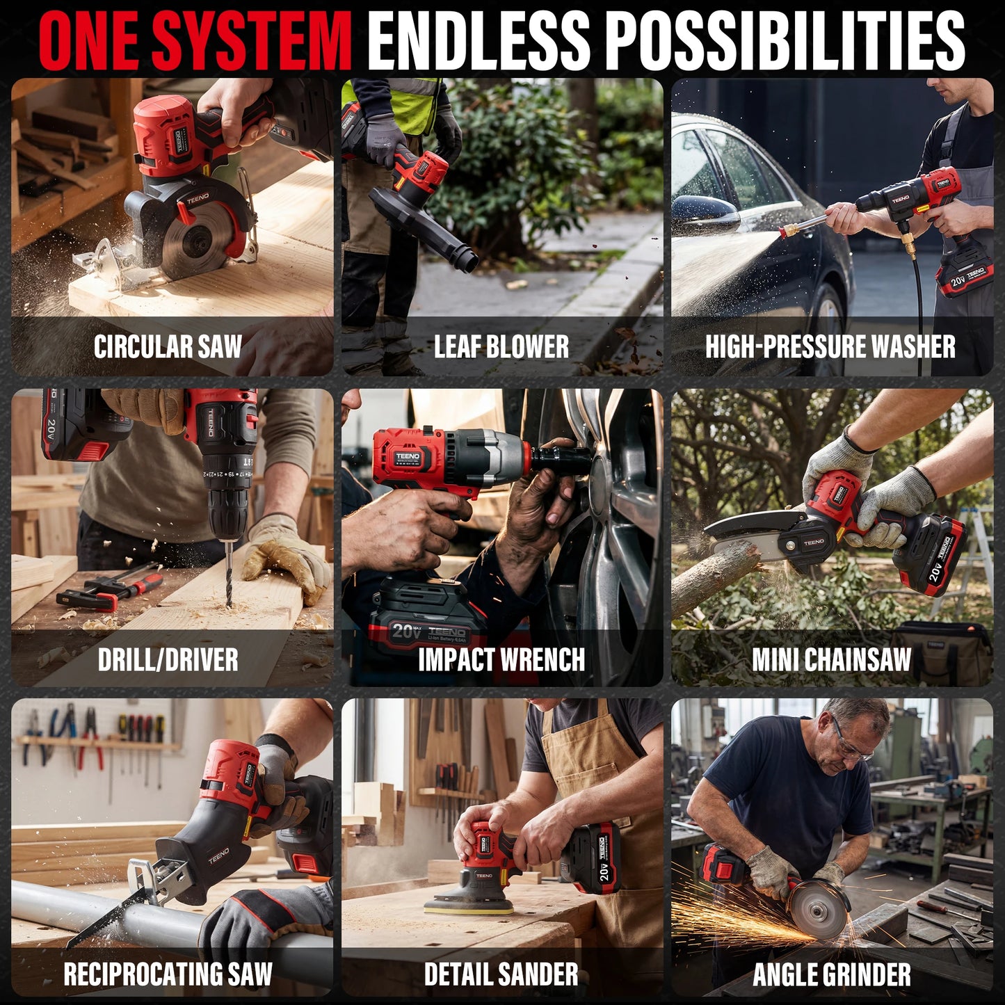 20V MAX Brushless Power Tool Combo Kit, 9-in-1 Cordless Interchangeable Multi-Tool Set (Drill, Impact, Grinder, Sander, Circular, Chain & Reciprocating Saws, Blower, Washer), 2x 4.0Ah Batteries