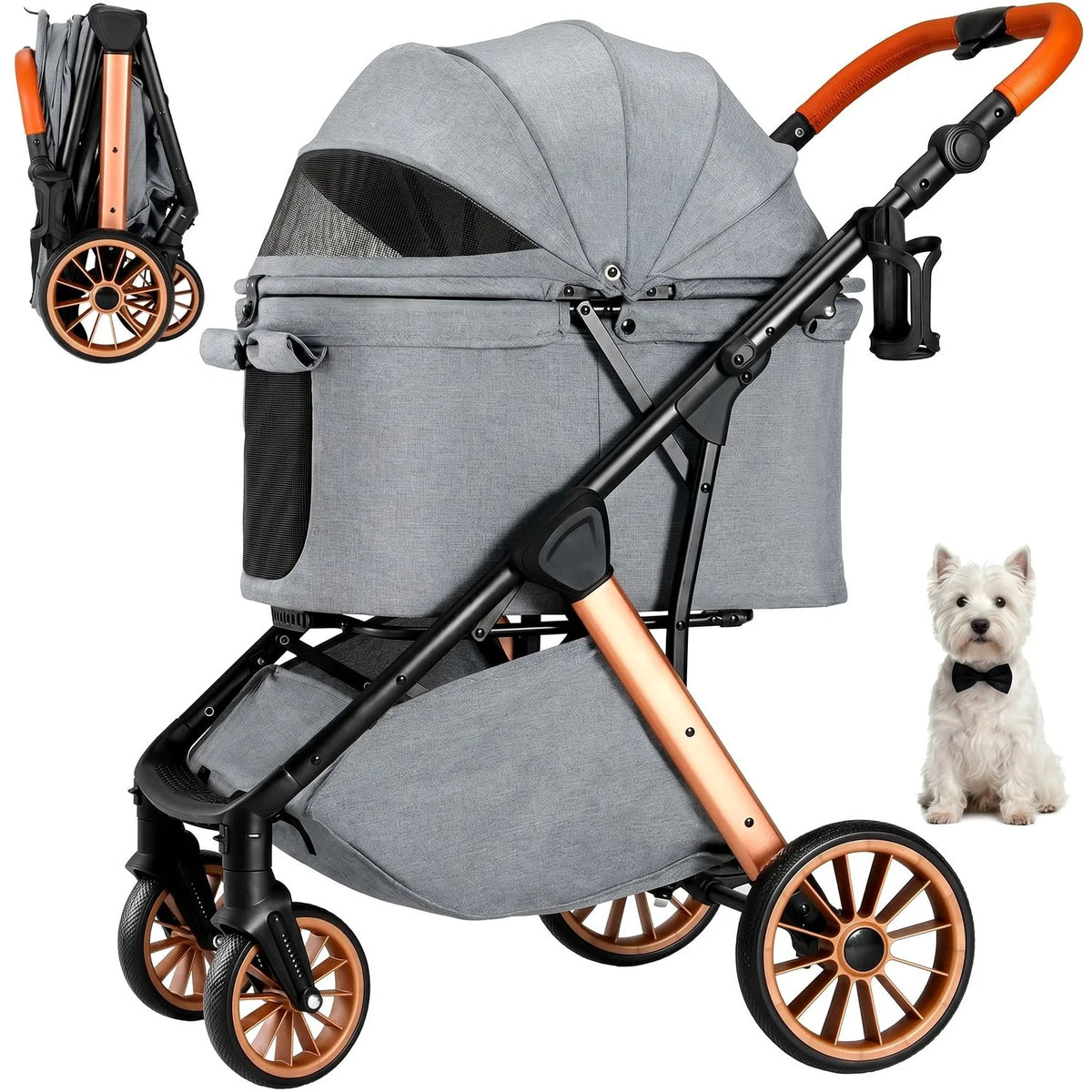 Foldable Pet Stroller For Medium Dogs With Adjustable Sun Shade