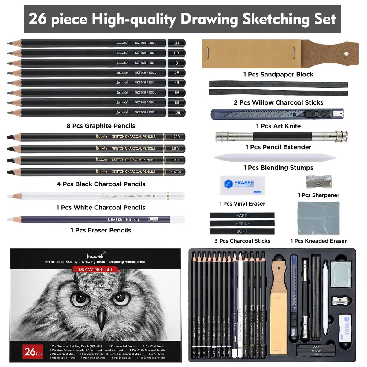 Professional Charcoal Pencils 26 Piece Drawing Sketching Set With Blending Tools