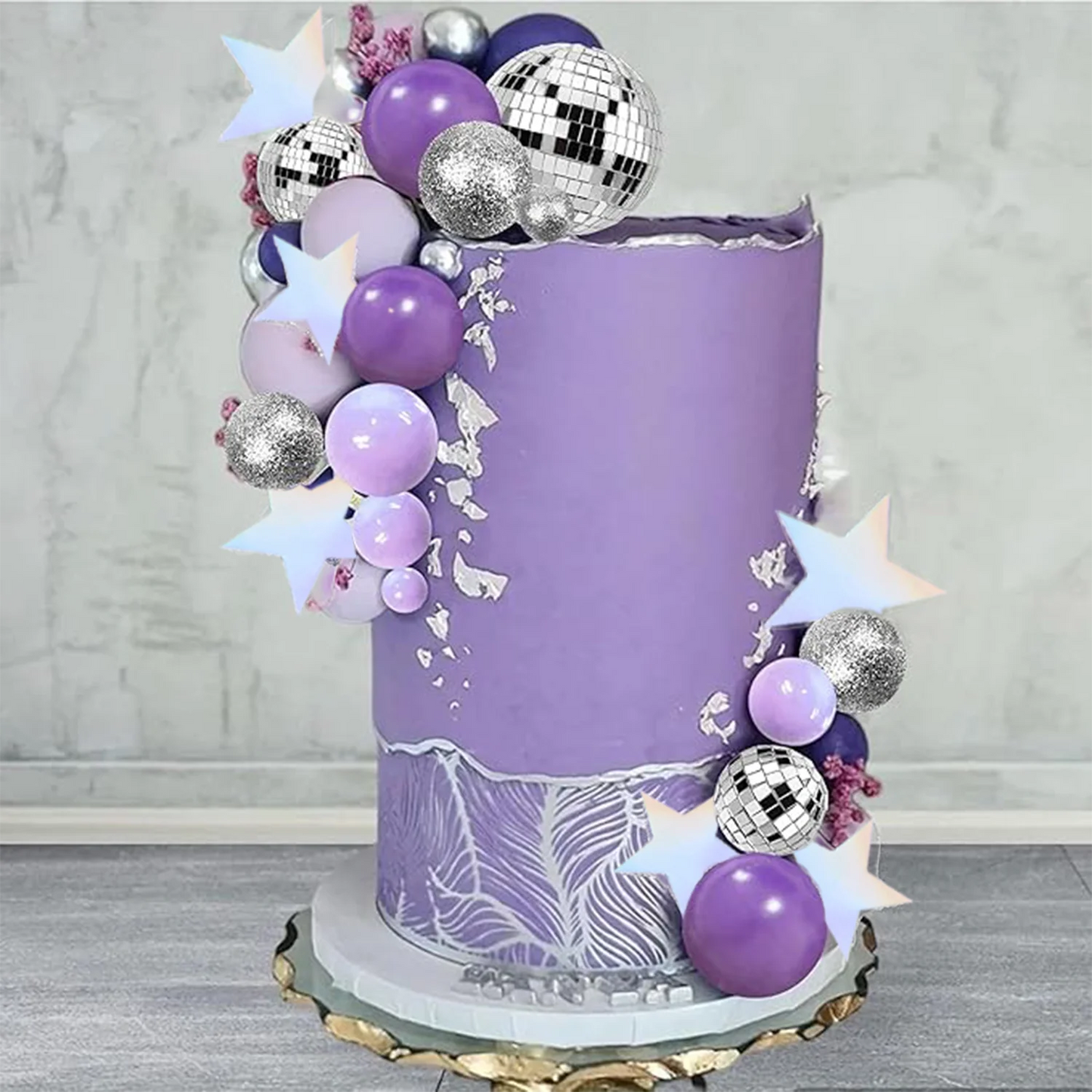 Purple Disco Ball Mirror Balls Cake Decorations with Silver Stars Cake Topper for Disco Dance Party Saturday Night Supplies