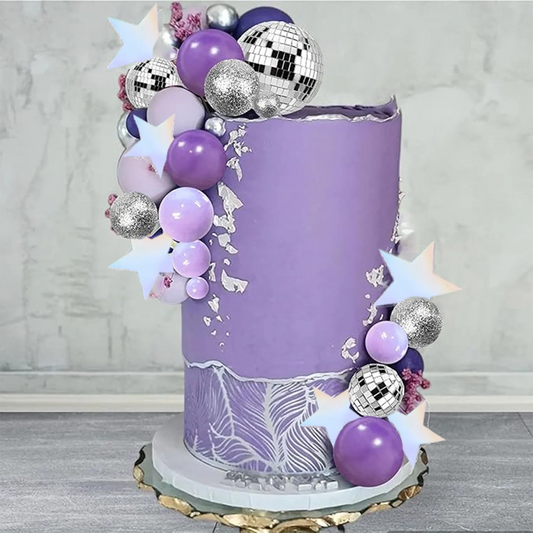 Purple Disco Ball Mirror Balls Cake Decorations with Silver Stars Cake Topper for Disco Dance Party Saturday Night Supplies