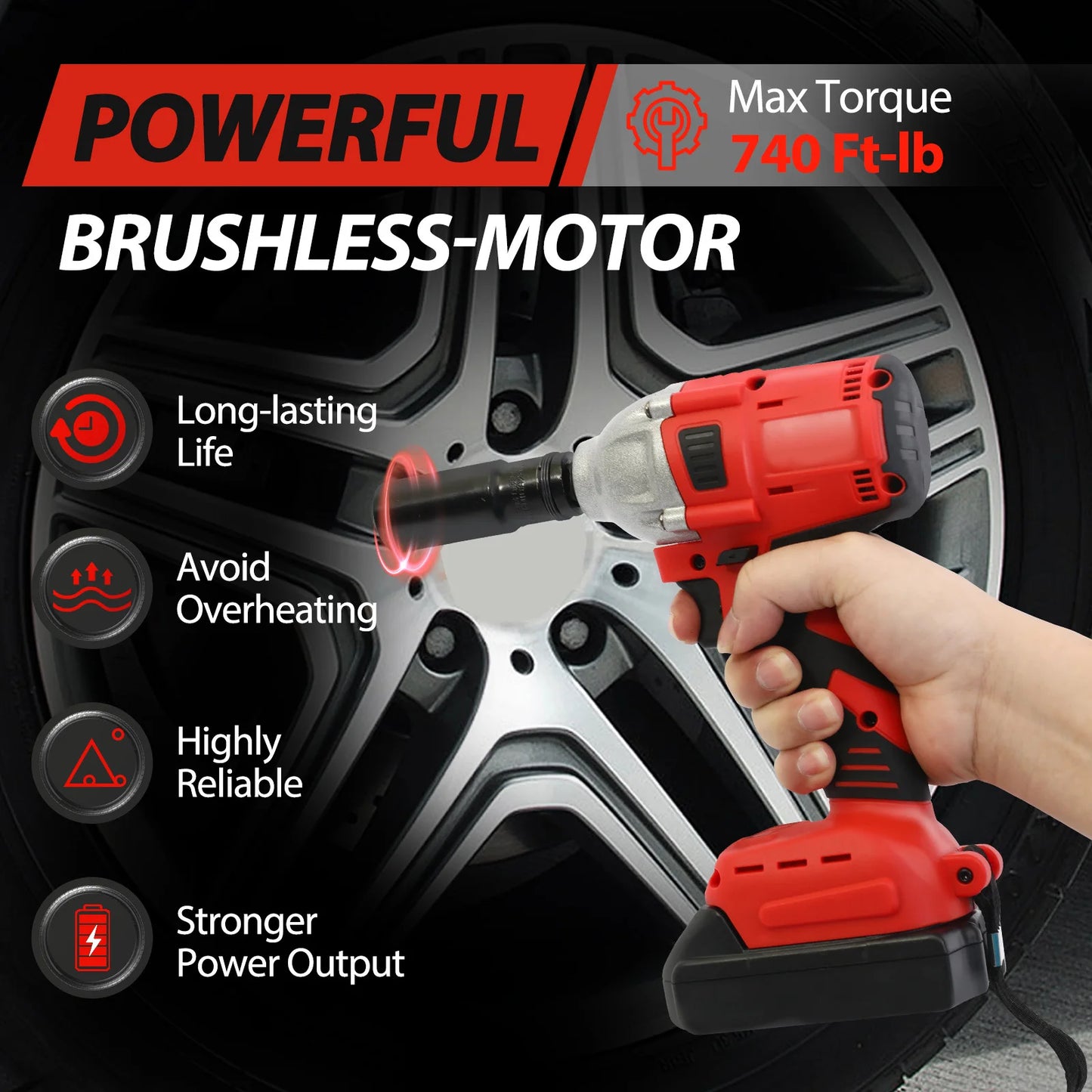 1000N.m Cordless Impact Wrench Brushless 20V 1/2 inch Power Tool Sets High Torque 2x1500MAh Batteries for Car Truck Tires Home