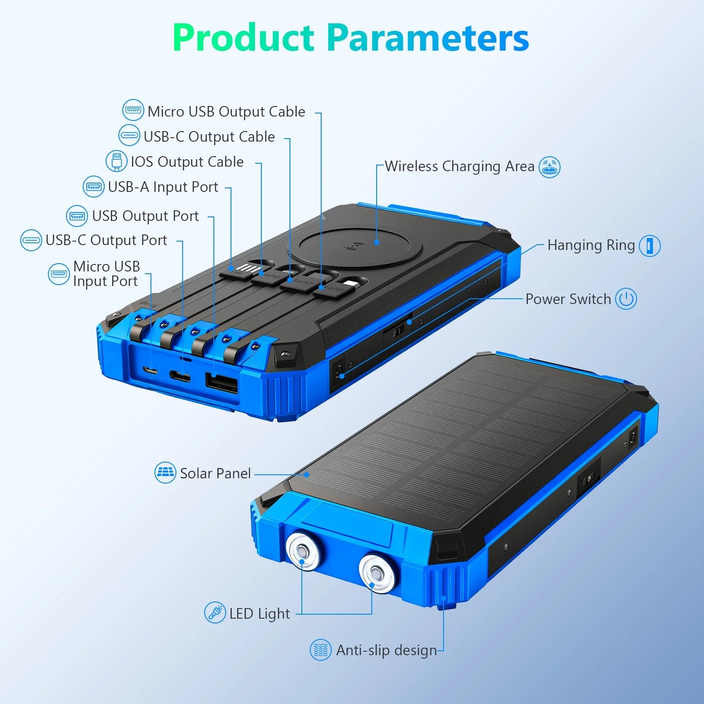 20000mAh Portable Solar Power Bank With Wireless Charging 18W Dual LED Lights