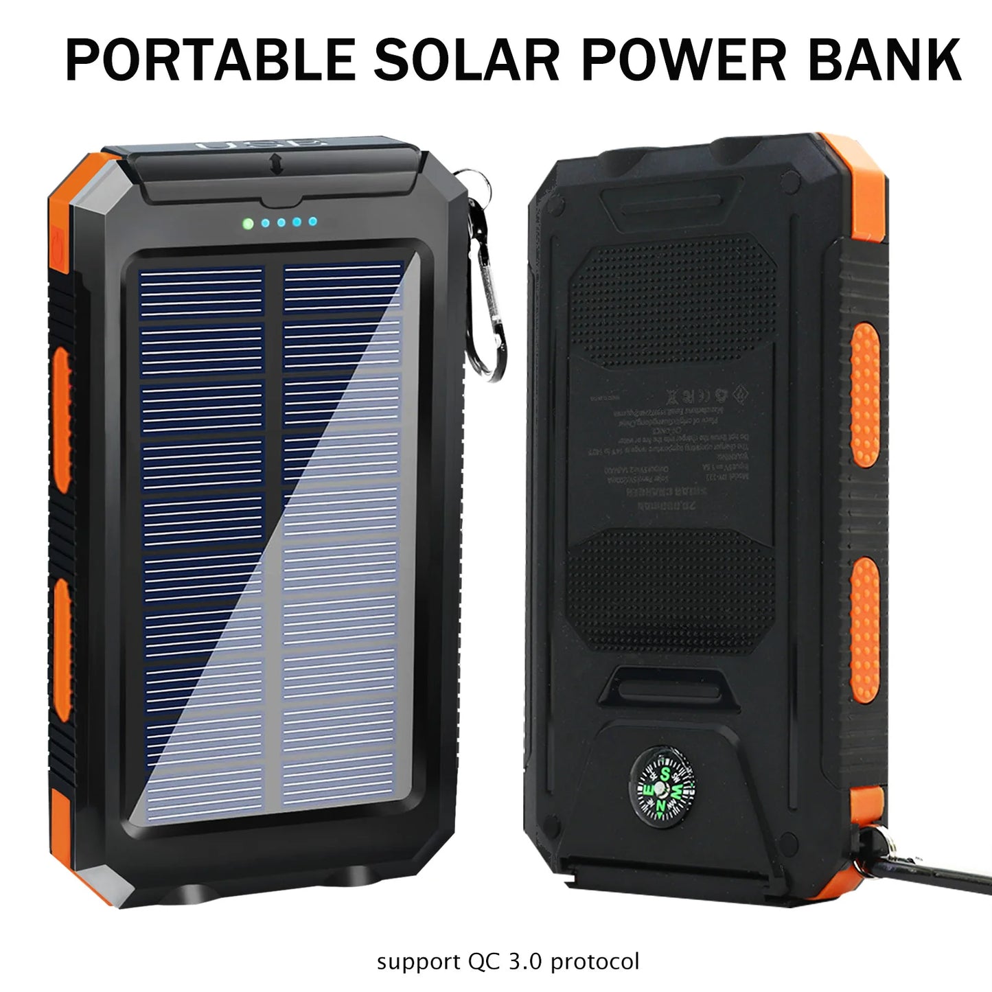 20000mAh Solar Charger Waterproof Power Bank With Dual USB Ports LED Flashlight